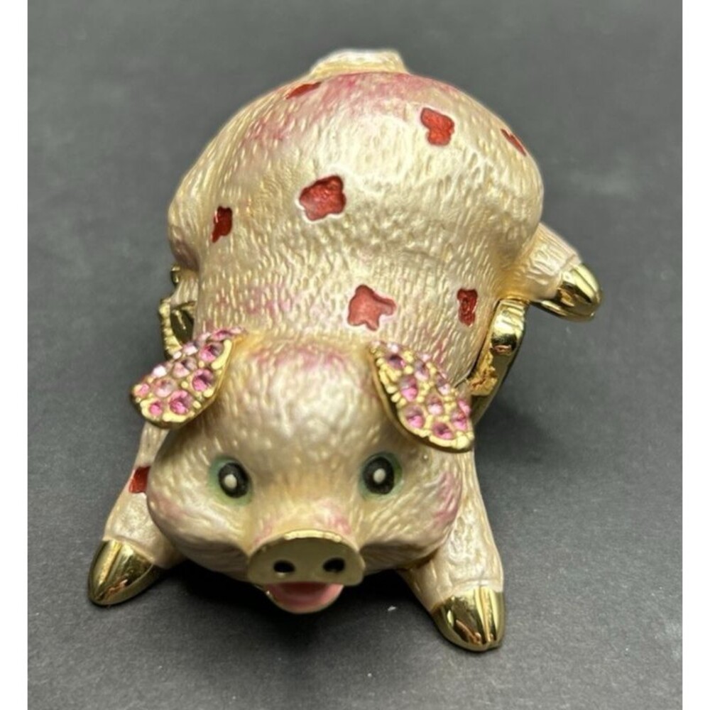 Rucinni Enamel and Swarovski Crystals Pink Pig Hinged Trinket Box Pink and Gold